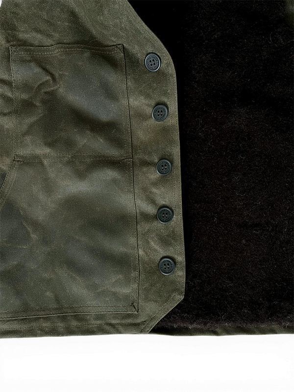 Le gilet « Jeannot » coton waxé kaki doublure laine