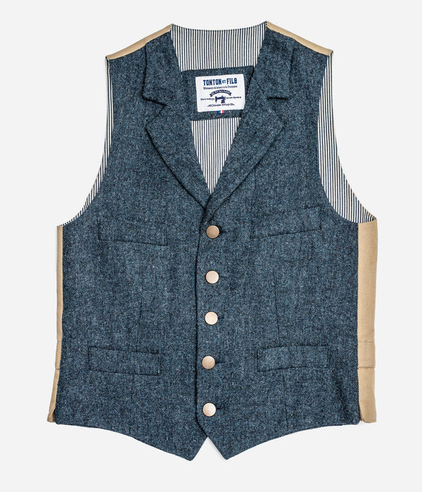 Tonton et Fils - Le veston homme «Fernand» tweed bleu et canvas kaki clair - Fabriqué en France - Vuegénérale